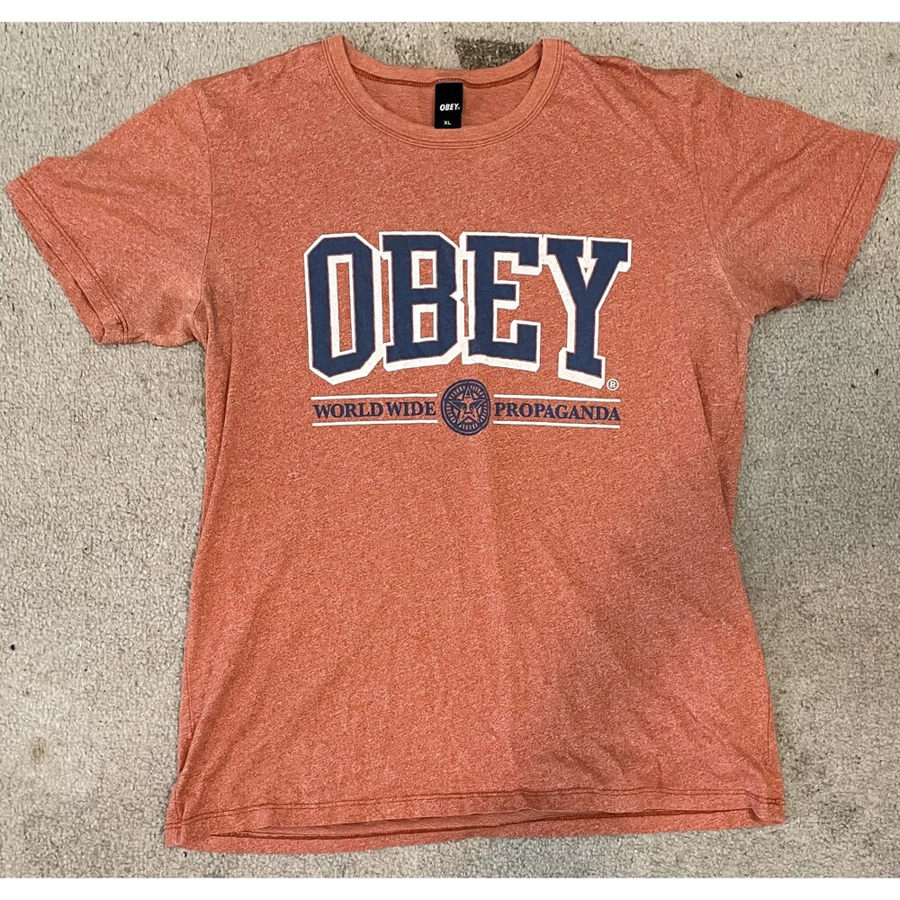 Obey Shirt Mens Medium Orange Graphic Crew Neck Short Sleeve Stretch Pullover